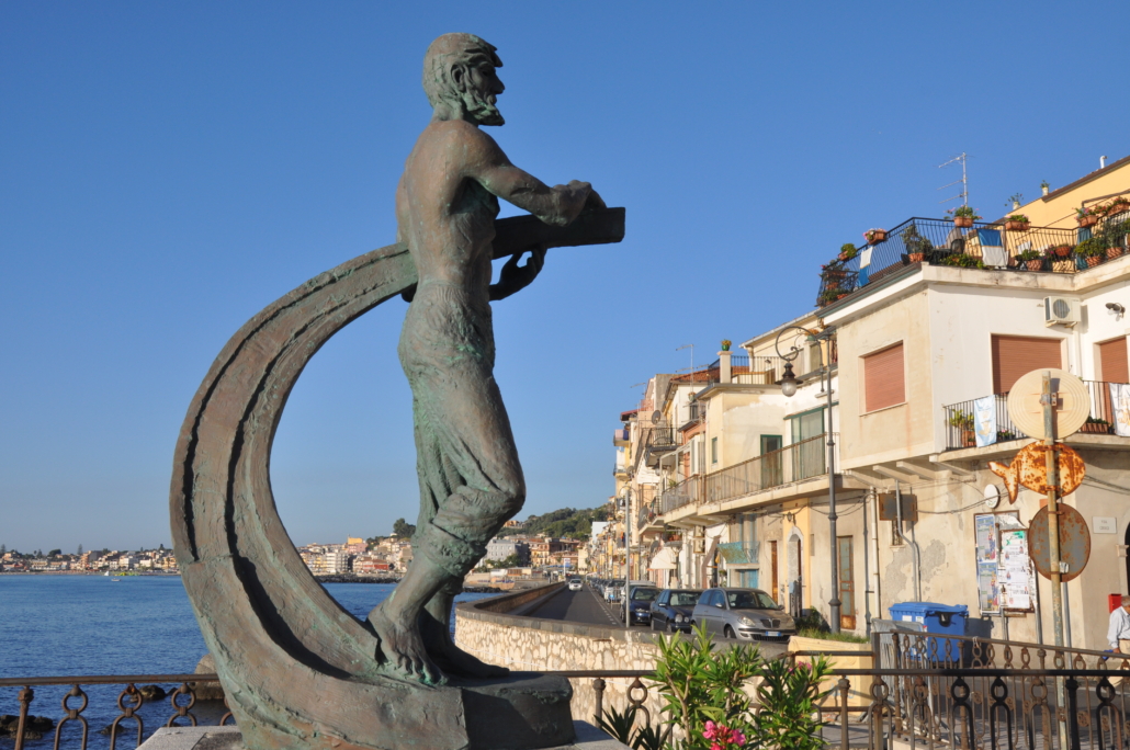 Modern sculpture of Theokles, the historic oikist who founded ancient Naxos, in Giardini Naxos, Sicily.