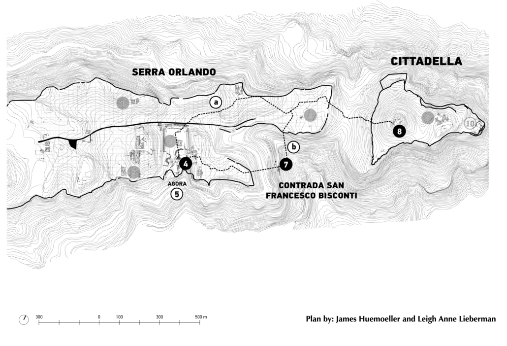 A plan of the sanctuaries in use at Morgantina immediately following the refoundation of the settlement in the mid-5th c. B.C.E., featuring the projected processional paths from Serra Orlando to Cittadella.